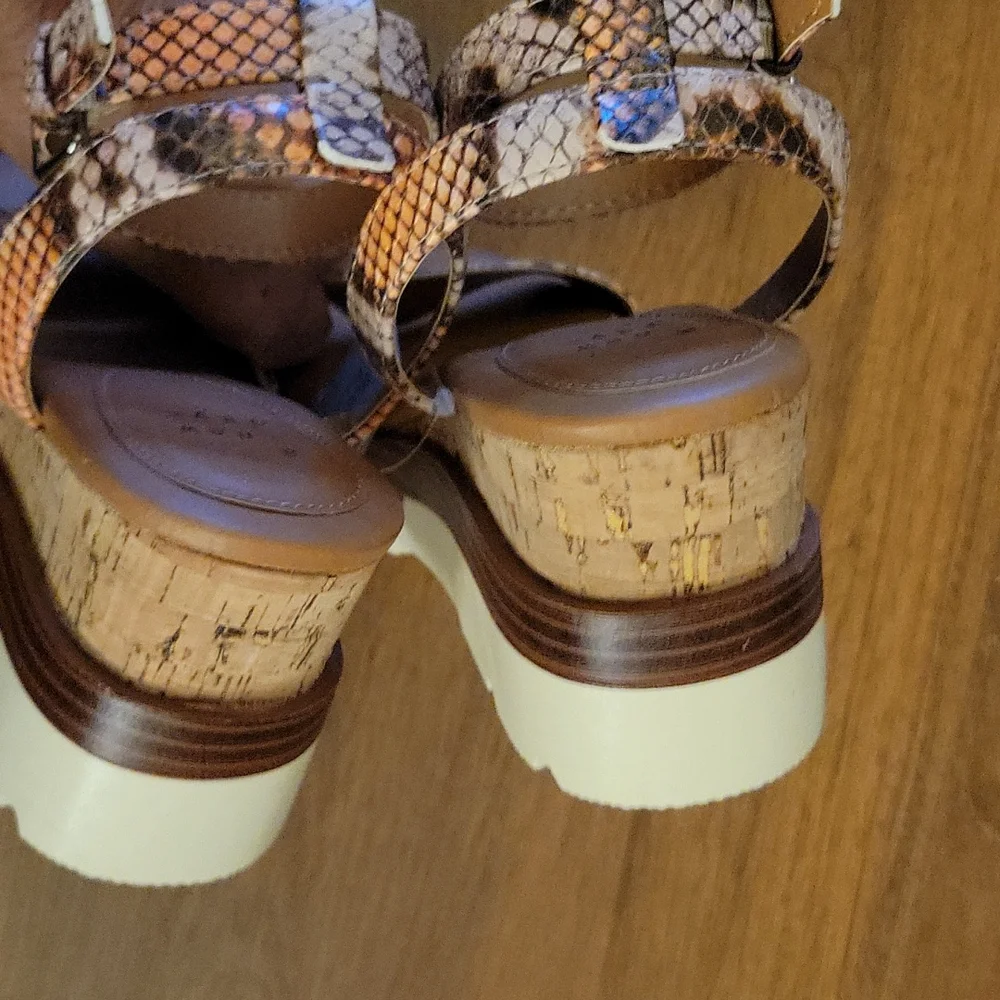 A New Day Abgail snakeskin cork open toe ankle strap wedge white sole 7..5 NEW…